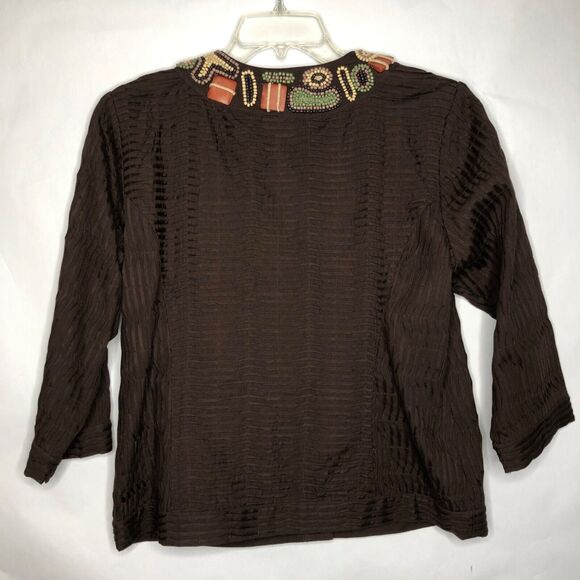 Chico’s Wms Large Brown Pin Tuck Tribal Jacket Shacket Beaded Neckline Career - Picture 2 of 12